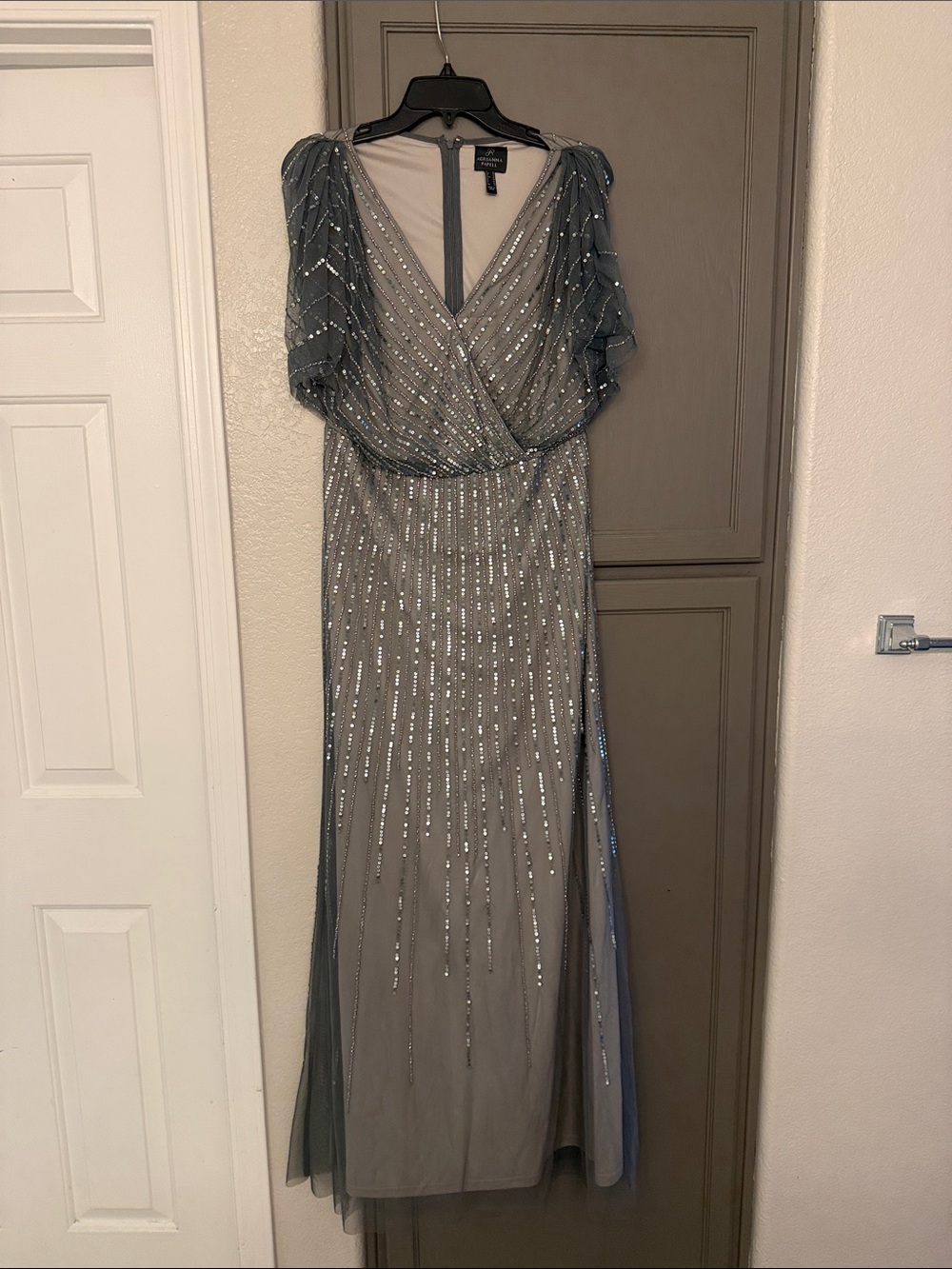 Adrianna Papell Silver Beaded V-Neck Maxi Gown